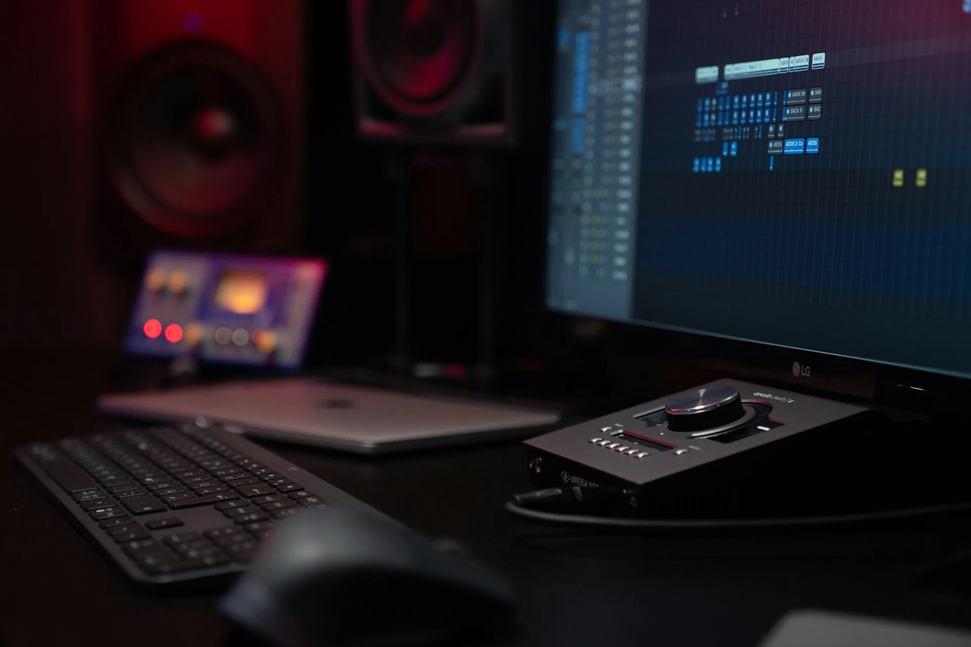 Headphones and keyboard on a desk during an audio editing session